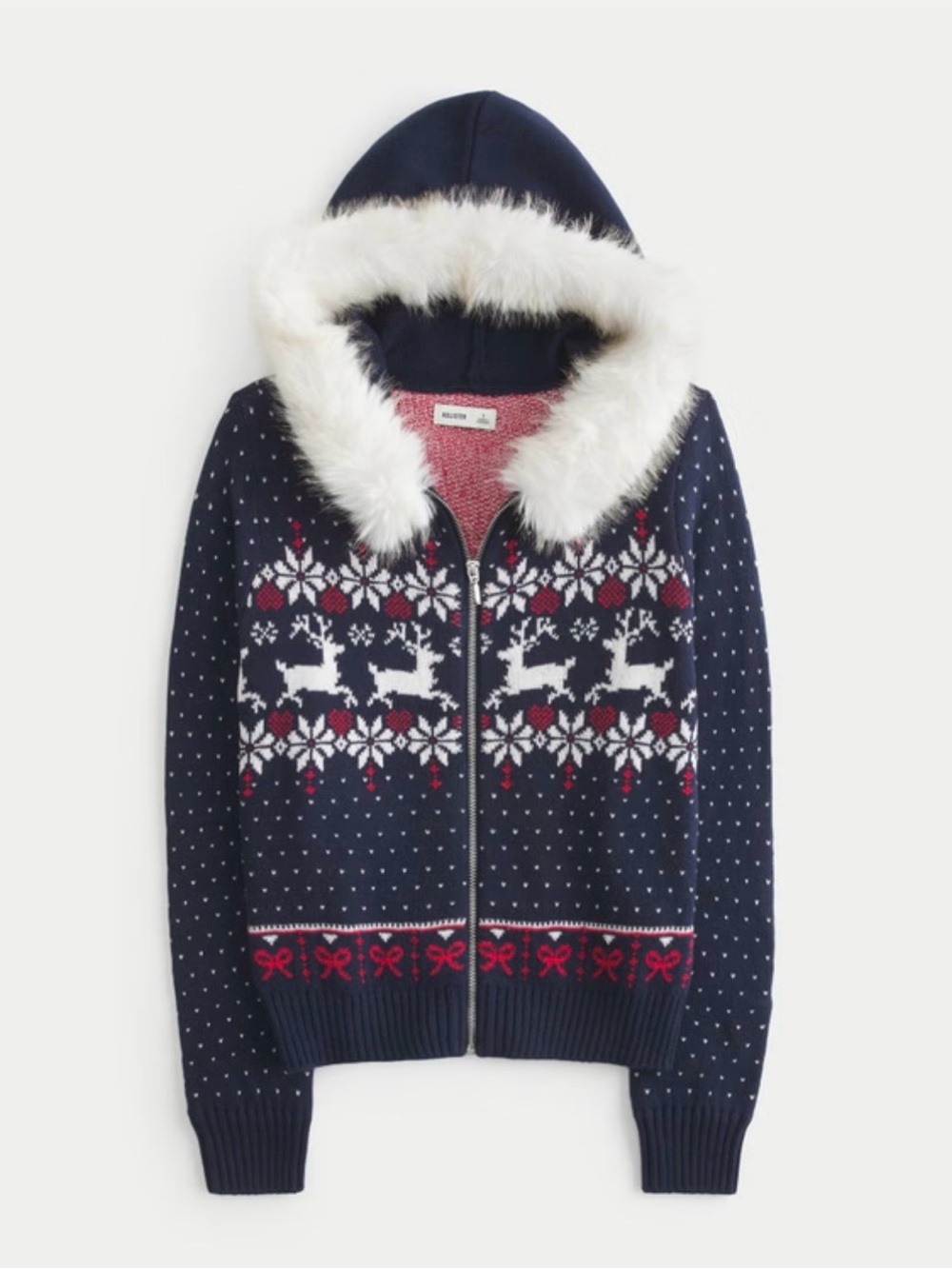 Hollister Navy Fair Isle Zip-Up Sweater with Faux Fur Hood